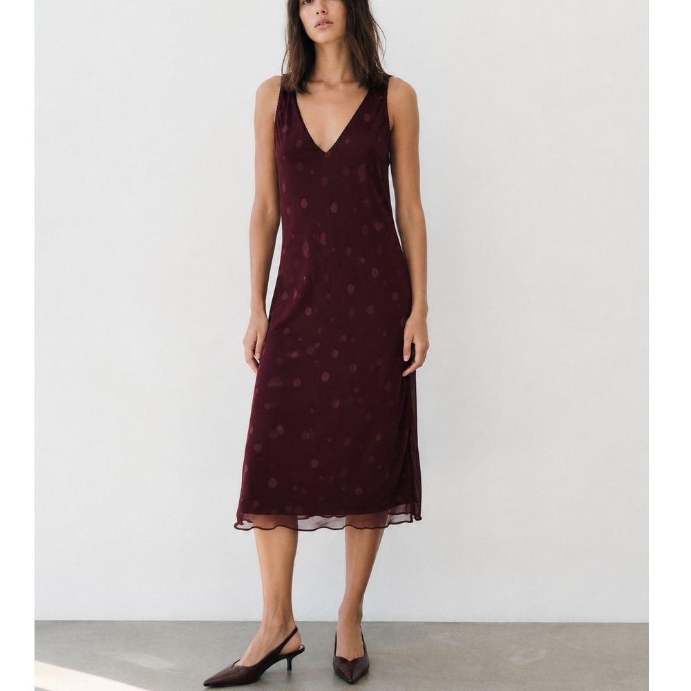 Claudie Pierlot REVE Burgundy Polka Dot Midi Slip Dress Whimsigoth Witchy‎ Vamp